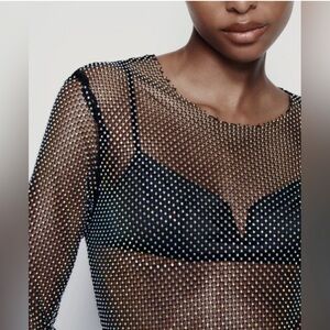 Zara Rhinestone Black Mesh Midi Dress NWT
